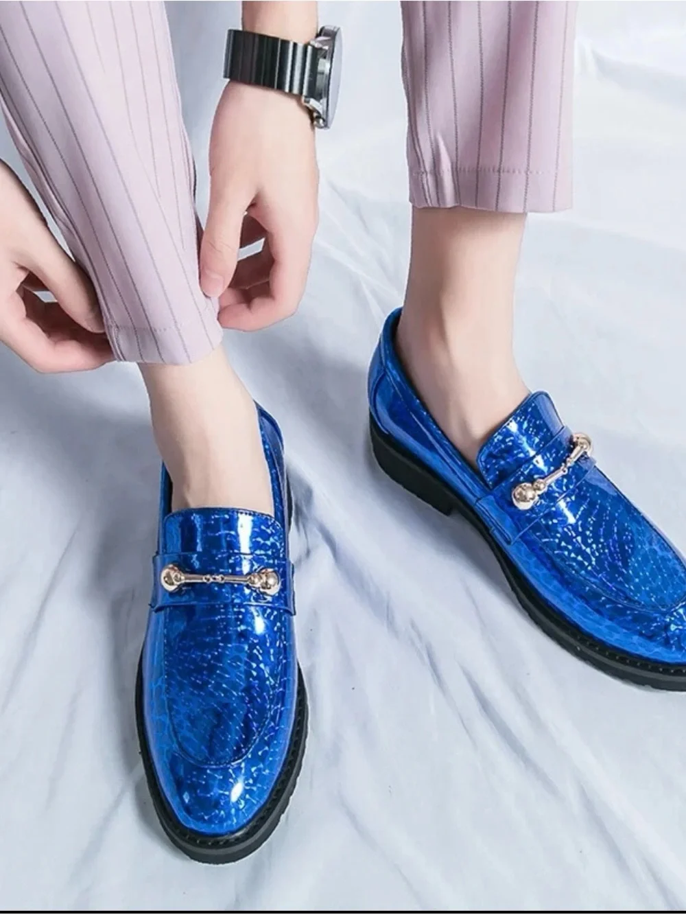 Men's Shiny Blue Slip-On Loafers with Gold Bit Detail